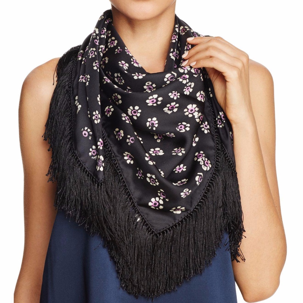 TORY BURCH Fringed Square Silk Scarf